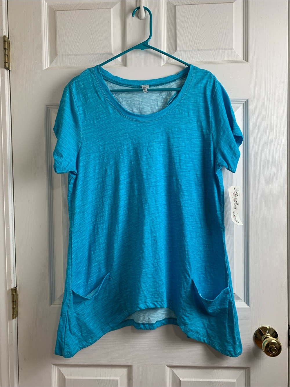 Lulu-B Turquoise Cotton  Short-Sleeve Pocket Tunic open back